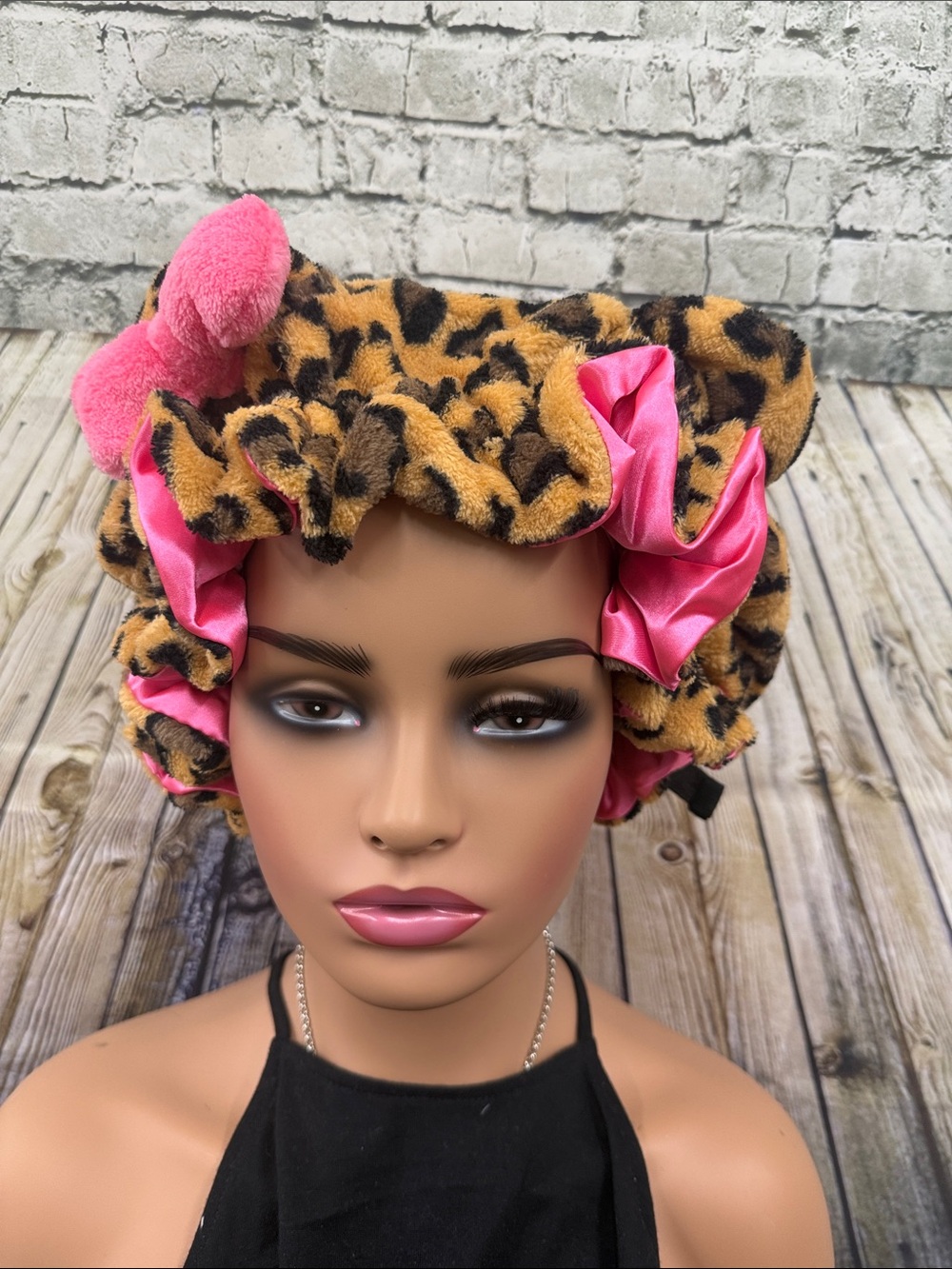 Leopard Print pink Satin-Lined Hair Bonnet NEW